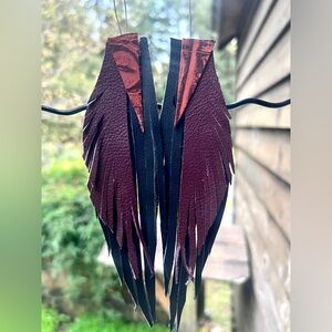 Layered Fringe Leather Earrings Burgundy Black Gator Coachella Rave Vibes NWT